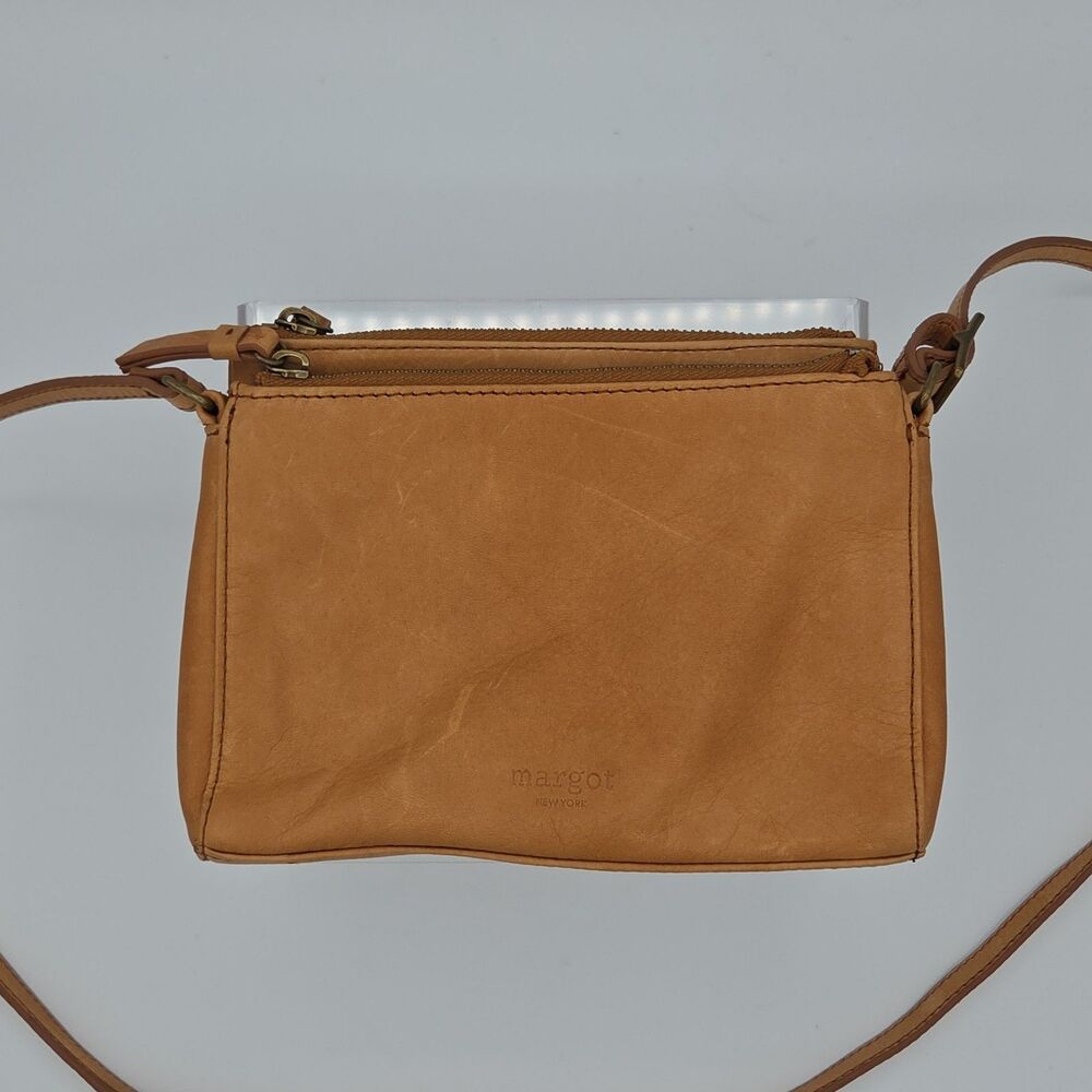 Margot NY Genuine Leather Crossbody Purse 3 Zipper Multi Compartment Cognac